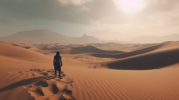 A man walking in the desert with a sunset in the background.