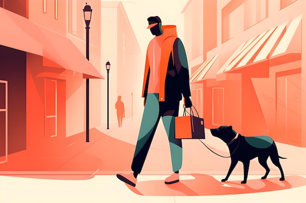 A man walking a dog in a street with shopping bag