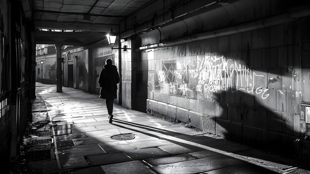 Man Walking Down Dark Alley in Noir Atmosphere