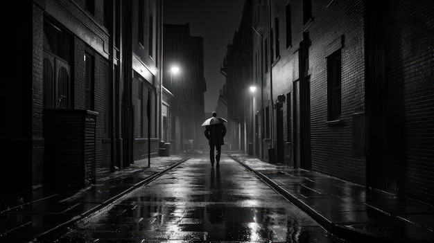 A man walking down a dark street with a light on.