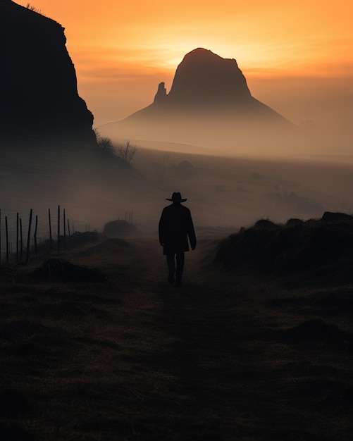 Photo a man walking down a path in the fog