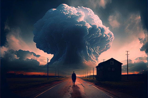 Man walking down a road in front of a huge cloud generative ai