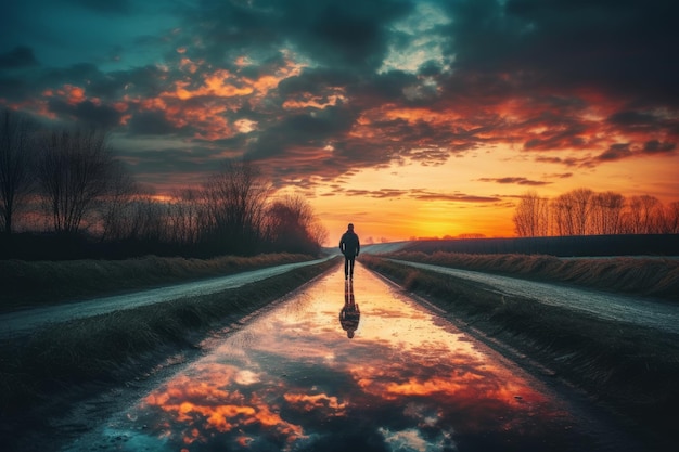 A man walking down a road with a sunset in the background