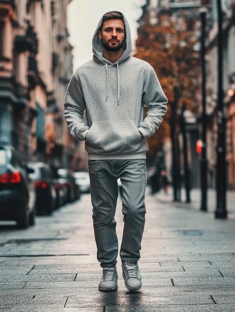 Man walking down street in casual hoodie and sneakers