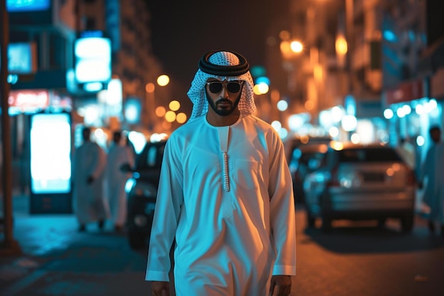 a man walking down a street at night