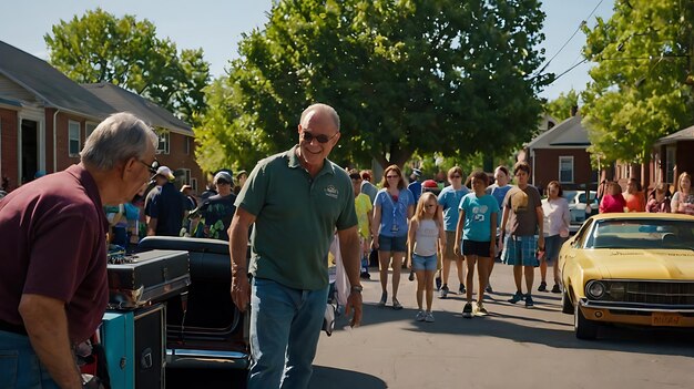 a man walking down a street with a crowd of people