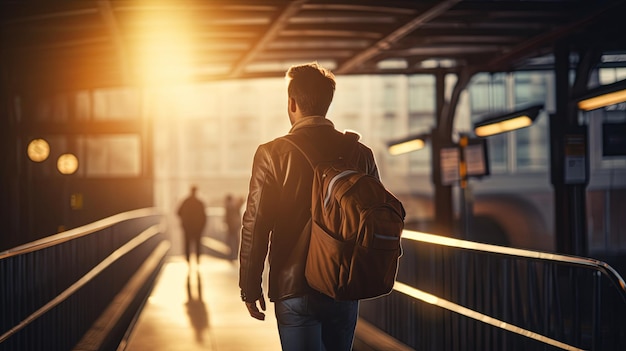 Man Walking Down Train Platform With Backpack