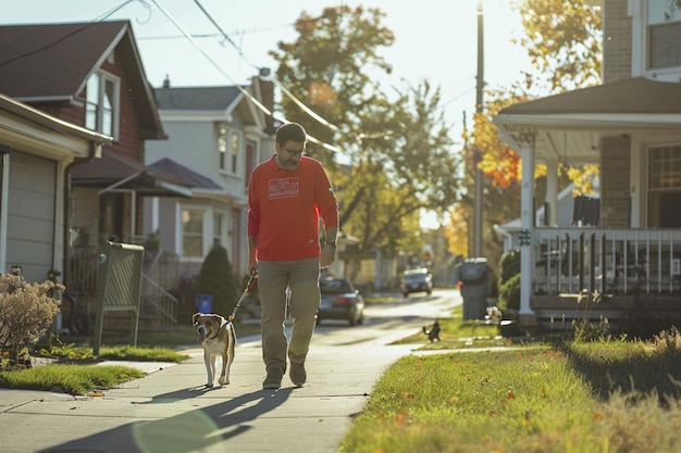 Photo a man walking his dog in the neighborhood wearing generative ai