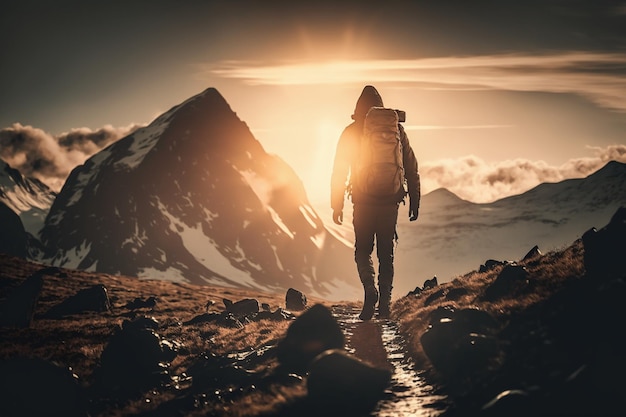 A man walking in the mountains with a backpack on.