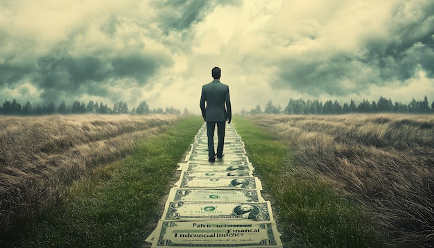 Photo a man walking on a path of dollar bills towards a misty horizon