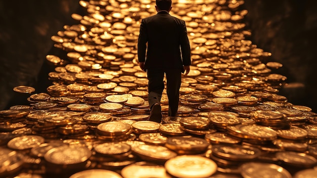 A Man Walking on a Path of Gold Coins