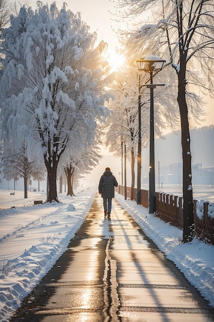 A man walking road in winter morning