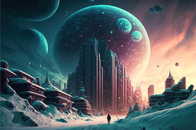 A man walking in a snowy landscape with a planet in the background.