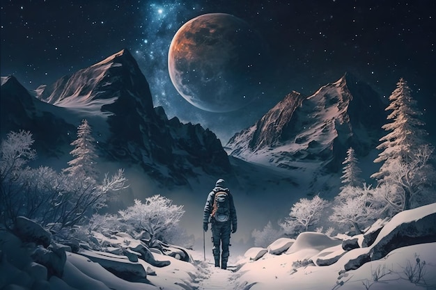 A man walking on a snowy mountain with a planet in the background