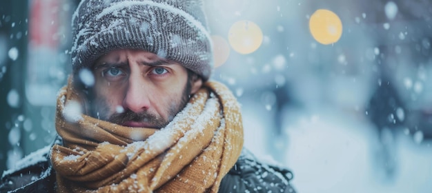 Photo man walking in snowy weather wearing warm scarf and beanie looking unwell winter cold concept