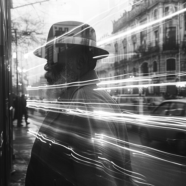 Photo man walking through blurred motion light trails