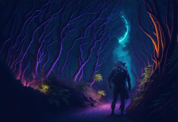 A man walking through a colourful vibrant jungle on the night