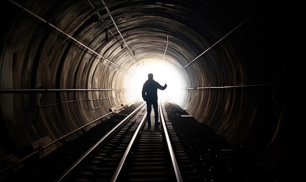 A man walking through a dimly lit tunnel Creating using generative AI tools