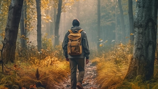 A man walking through a forest with a backpack on his back.