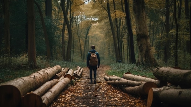 A man walking through a forest with a backpack on the path