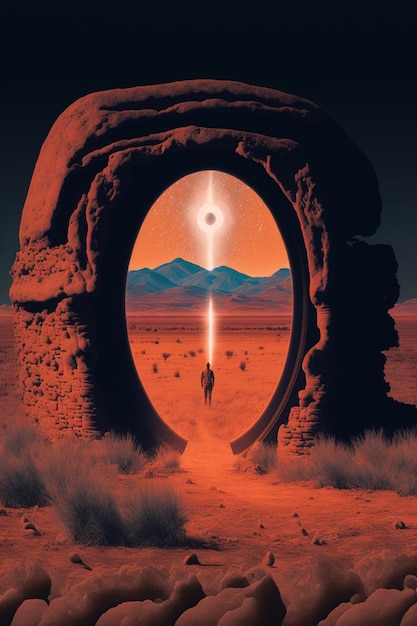 Man walking through a hole in the desert generative ai