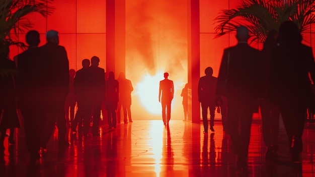 A man walking through a red hallway with people on the sides