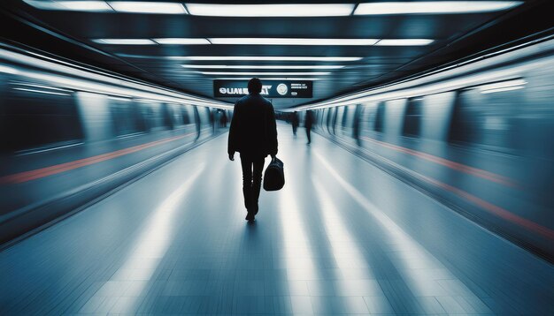 a man walking through the subway system with a briefcase