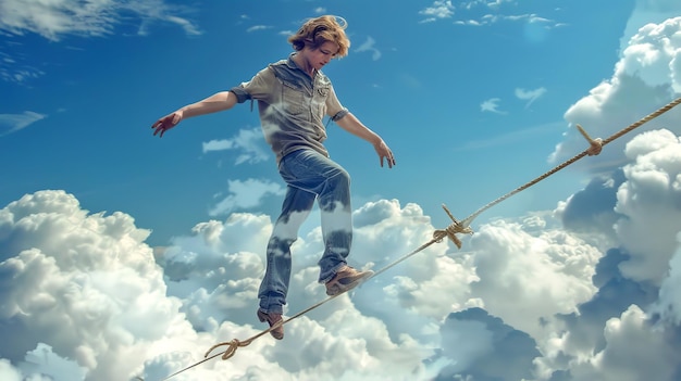 Man walking on a tightrope high above the clouds This digital artwork features a surreal and dreamy scenario Perfect for concepts of courage balance and adventure AI