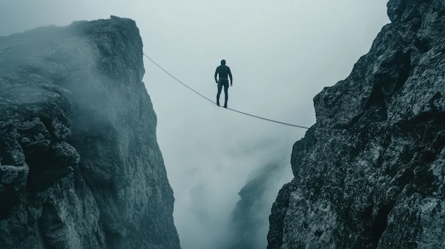 Photo man walking tightrope between mountain peaks