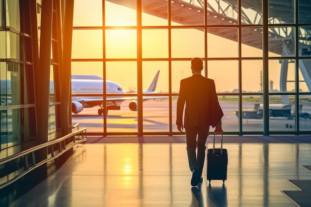 A man walking towards an airport with a suitcase