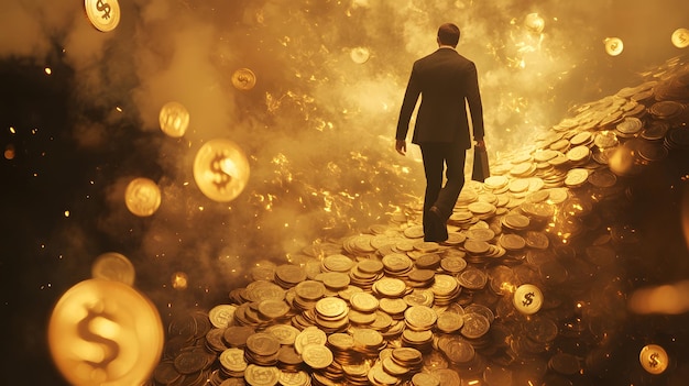 Photo man walking towards a pile of gold coins