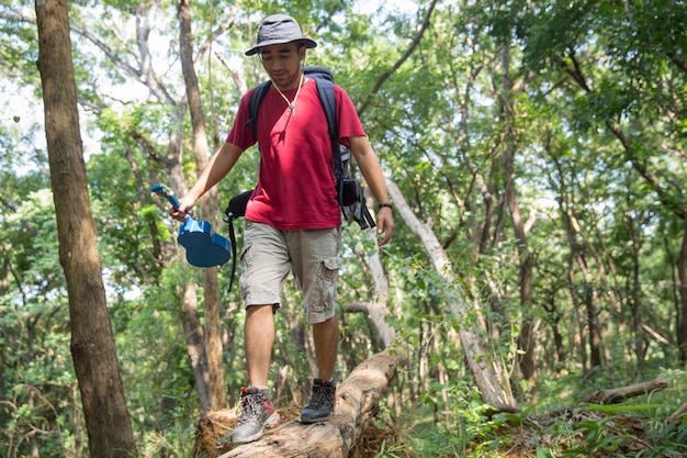 Man walking on a tree while hiking