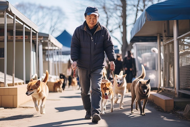 A man walking two dogs down a sidewalk