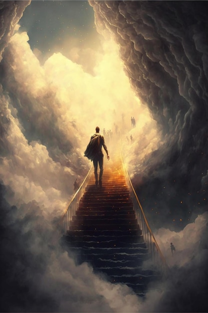 Man walking up a flight of stairs in the clouds generative ai