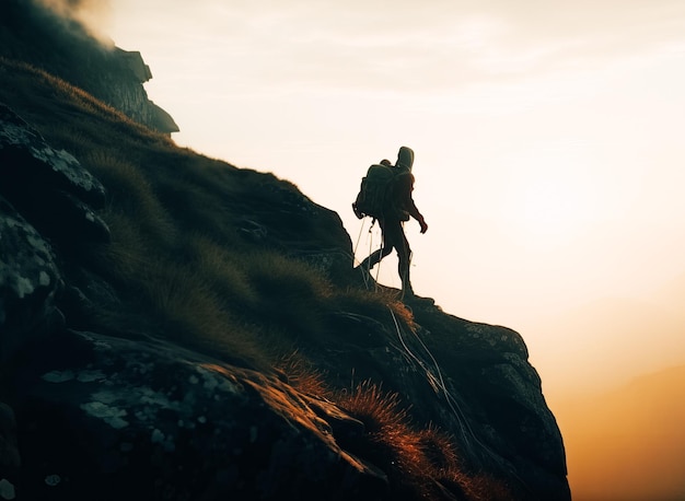 A man walking up a mountain with a backpack on his back.