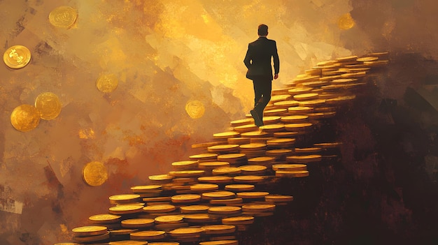 Man Walking Up a Staircase Made of Gold Coins