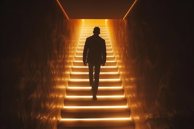 A man walking up a staircase with a light shining generative ai