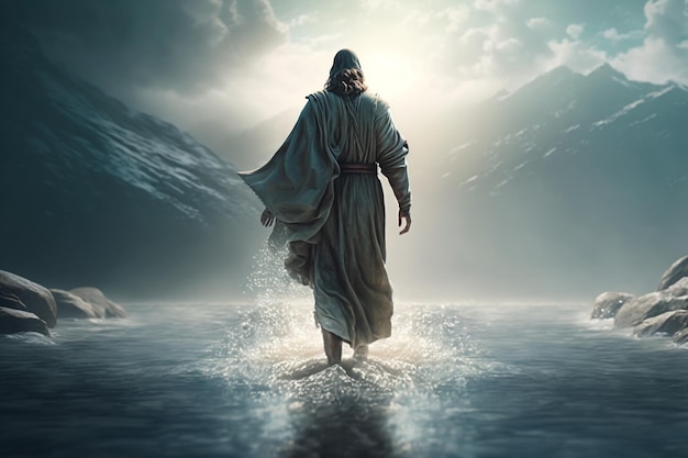 A man walking on water with the title jesus on it