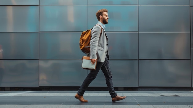 Photo man walking with backpack and laptop bag outside modern building