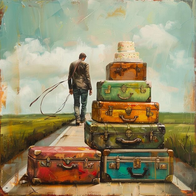 Man walking with suitcases and trunks cake in the background