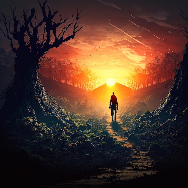 A man walking in the woods with a sunset in the background