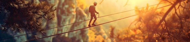 Photo a man walks across a cable with the sun behind him