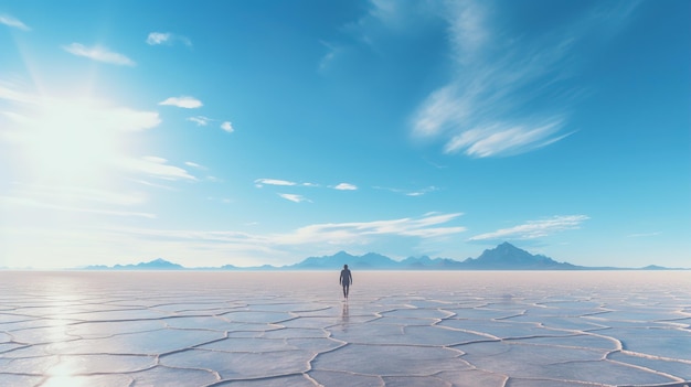 A man walks across a desert with mountains in the background.