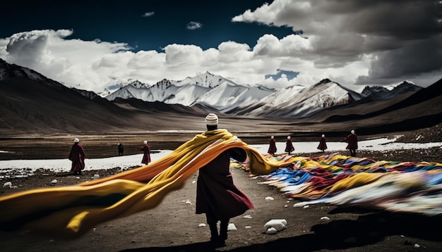 A man walks across a road with a blanket draped over his head.