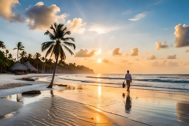 a man walks on the beach in front of a sunset.