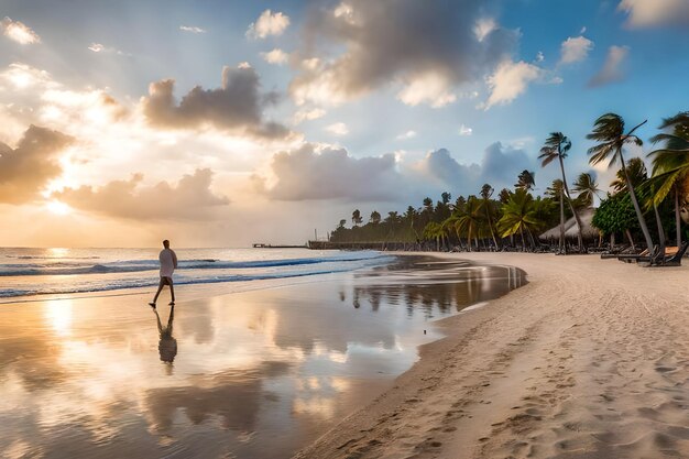 a man walks on the beach in front of a sunset.