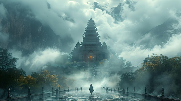 a man walks in the clouds with a silhouette of a temple in the background