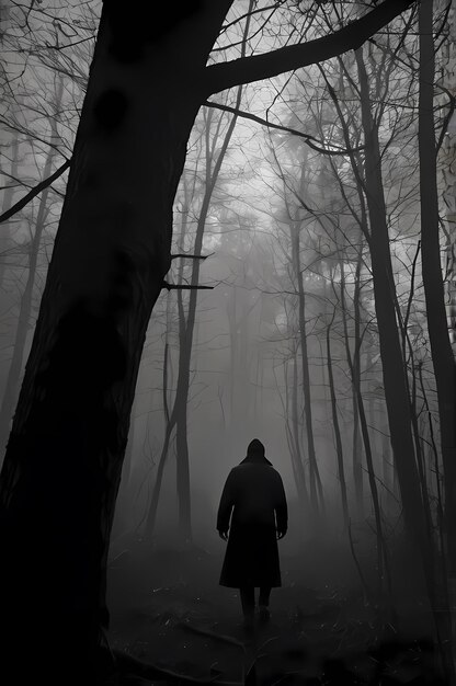 A man walks in a dark forest with a man in a coat and a hat