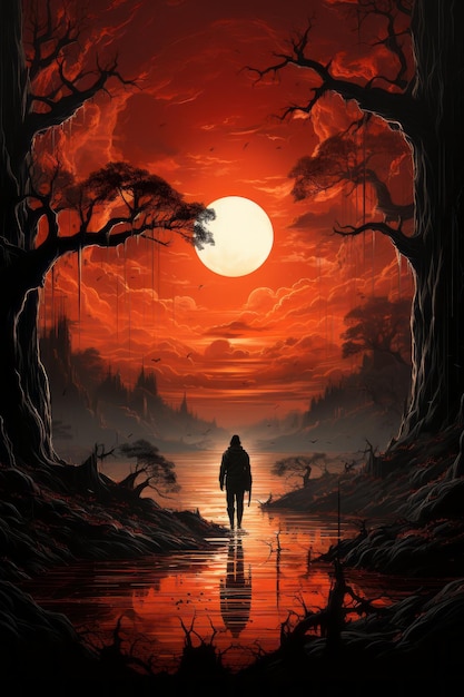 a man walks in a dark forest with a red moon in the background