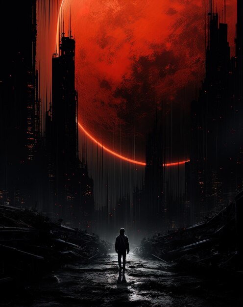 Photo a man walks in a dark space with a red moon in the background